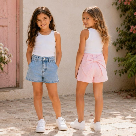 Ginger Ivy BOW Diamonte Feature Classic Fashion Denim Shorts for Girls 4-14 Years Old