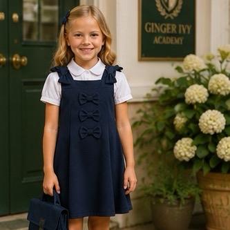 Ginger Ivy: TONBRIDGE Triple Bow and Bow on the shoulder feature pinafore school dress