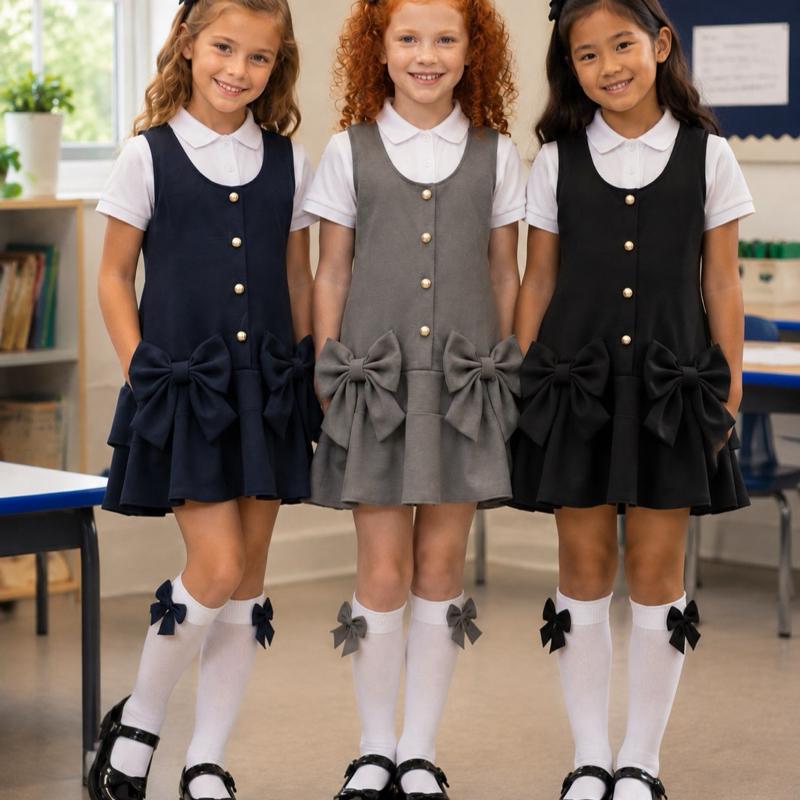 Ginger Ivy: OXFORD buttons and bows drop hem dress age 2-12 years