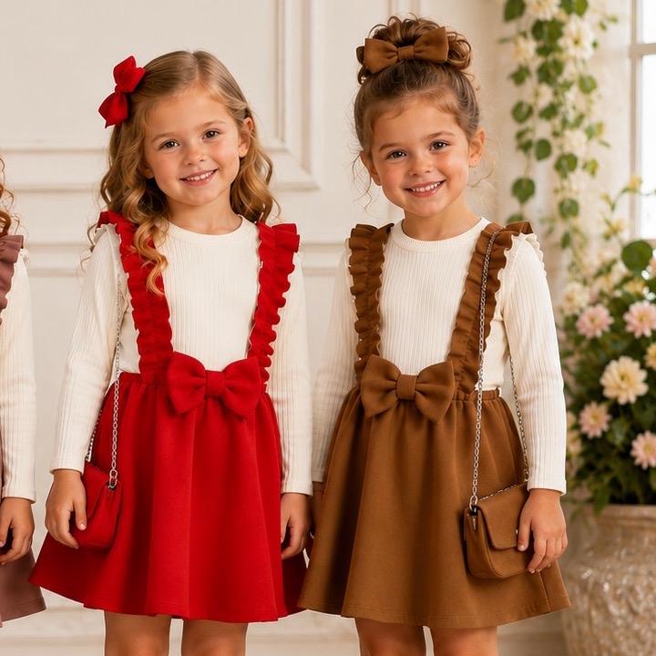 Ginger Ivy: RAVELLO ruffle bow alone dress soft ribbed top Aline skirt 3/4 to 13/14 years