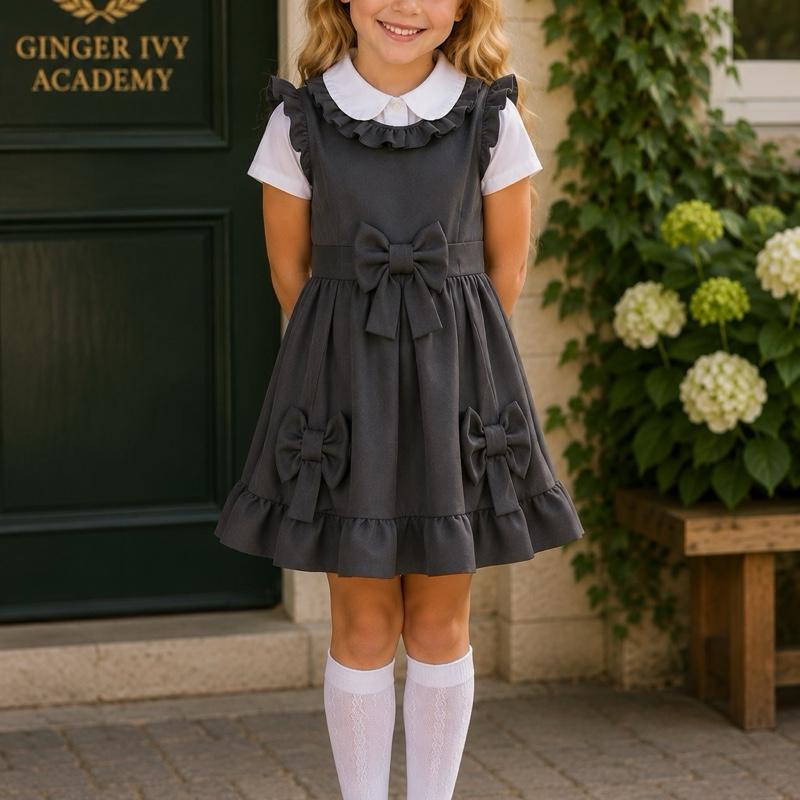 Ginger Ivy: BELFAST Triple Bow Feature Ruffle Neck Finish School Dress for Girls 4-12 Years small for please size up